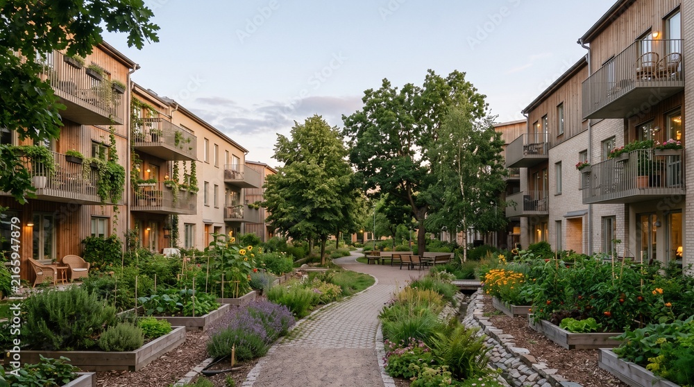 Fototapeta premium Sustainable neighborhood integrating green corridors, rain gardens, and community landscaping for climate resilience, urban planning, ESG communication, and environmental campaigns.