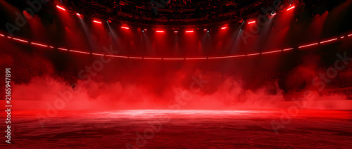 The backdrop for the red ice rink is decorated with neon red lights, spotlights, and smoke. Ideal for ice skating scenes, stadium visuals, or stock backgrounds