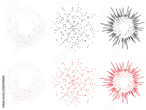 Set of 6 black and red splatter texture and burst pattern vector graphics including scattered dots, dust spray and radial explosion, representing grunge texture and abstract burst effects.
