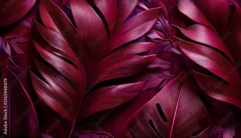 Fototapeta premium Layered Deep Burgundy Tropical Leaves On A Textured Background Embossed Botanical Composition Evoking A Luxurious Moody Elegant Atmosphere