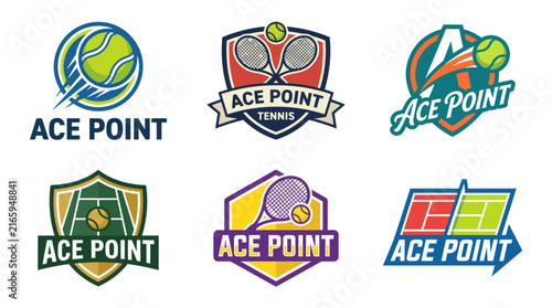This vibrant collection of tennis logos features different designs with the text 'Ace Point' and tennis elements, showcasing a mix of styles aimed at sports branding.