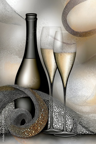 AI-generated pointillist illustration of a bottle of champagne, two champagne glasses, and festive ribbons, in black, white, gray, yellow and orange