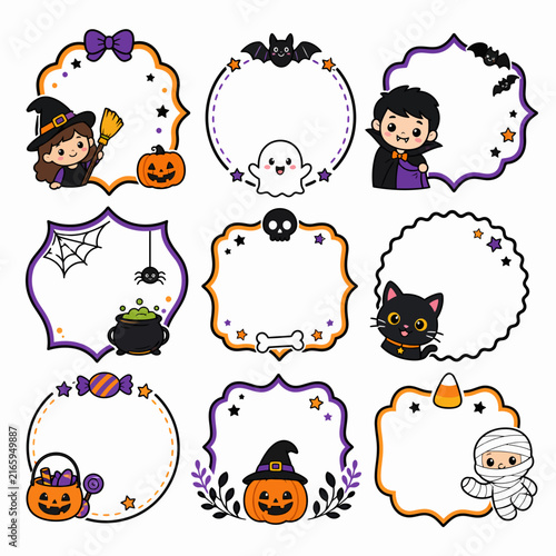 Cute cartoon Halloween frames featuring a witch, ghost, vampire, and black cat.