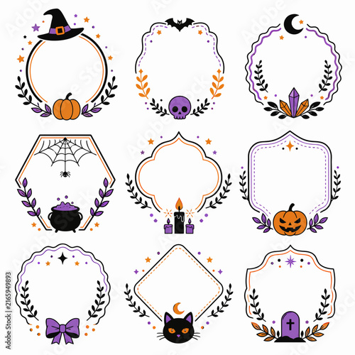 Cute Halloween vector frames decorated with pumpkins, skulls, and witch hats.