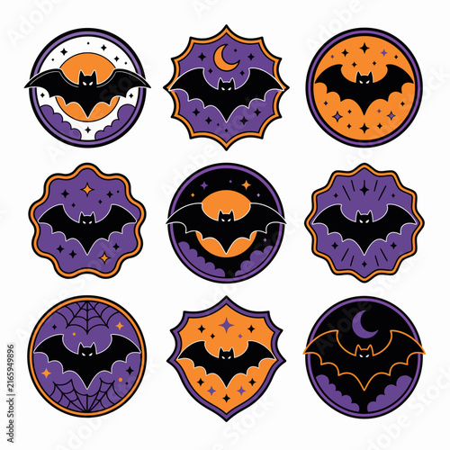 A collection of nine decorative circular and scalloped badges featuring stylized black.