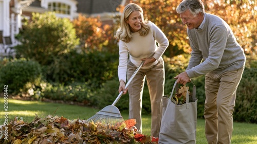 Older couple raking autumn leaves in garden, outdoor cleanup and seasonal yard maintenance for upscale residential landscaping service
