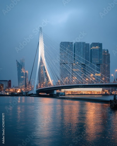 Erasmus Bridge and Rotterdam Skyline at Dusk