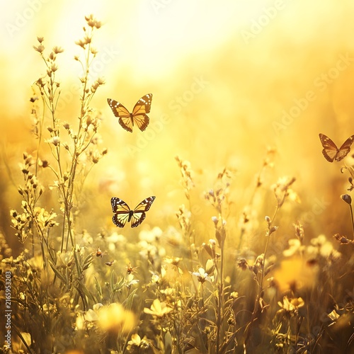 A golden field of sun-kissed flowers where butterflies flit gracefully.