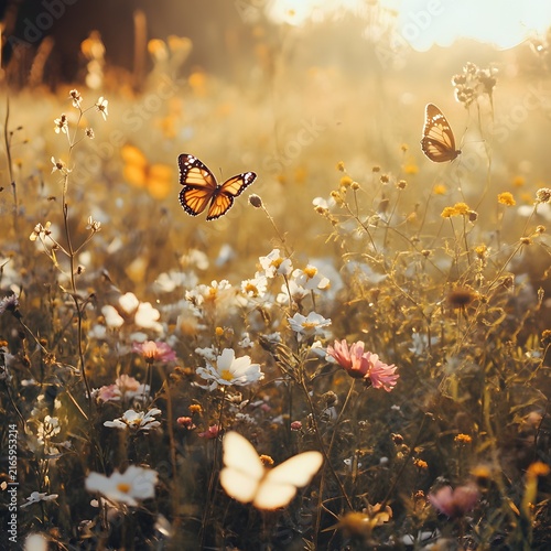 A golden field of sun-kissed flowers where butterflies flit gracefully.