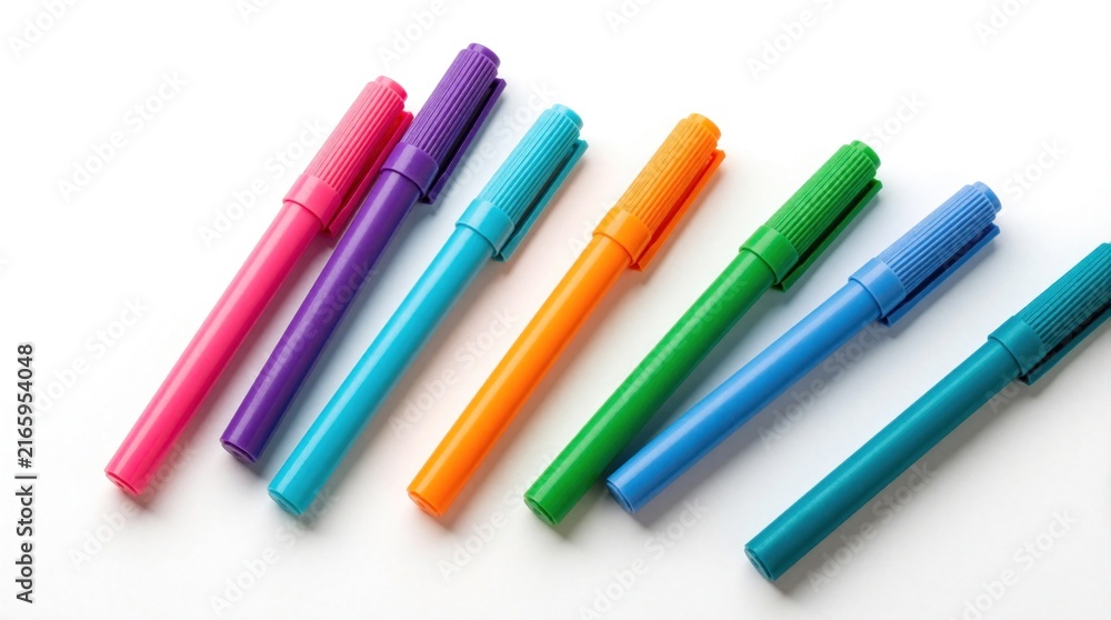 Fototapeta premium Six colorful marker pens arranged diagonally on a clean white surface. Variety of bright hues for drawing and writing. Stationery supplies for art and education.