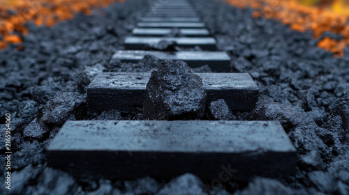 Close-up of coal on railway tracks, symbolizing energy, industry, and transportation with a blurred background.