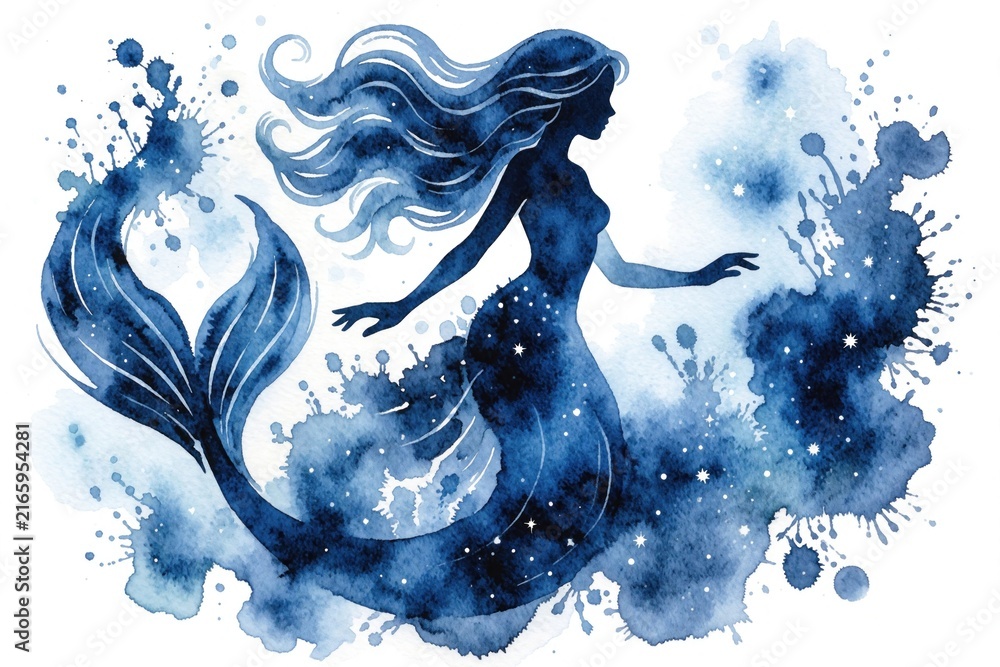 Fototapeta premium Watercolor silhouette mermaid with flowing hair and swirling tail underwater. Blue abstract splashes and stars create magical ocean movement. Fantasy sea creature.