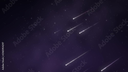 Meteor shower shooting stars streaking with glowing tails across a deep starry night sky seamless loop in soft violet tones