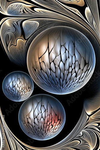 AI-generated illustration of a selection of spheres in various sizes, in blue, silver and white