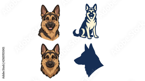 Showcasing various illustrations of German Shepherd dogs, this image captures their loyal and intelligent demeanor, ideal for pet lovers and dog training enthusiasts.
