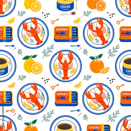 Vibrant seamless seafood pattern featuring a cooked lobster on a plate with canned sardines and luxury caviar illustration