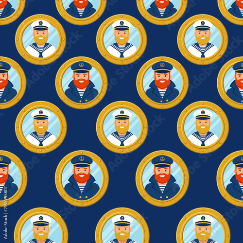 Naval - A seamless pattern featuring sailor characters and nautical maritime elements inside golden porthole windows for sea travel themes.