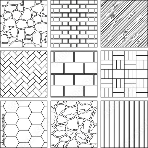 Collection of various pavement patterns and architectural textures featuring brick wall, line art swatches, and flooring tiles for construction and
