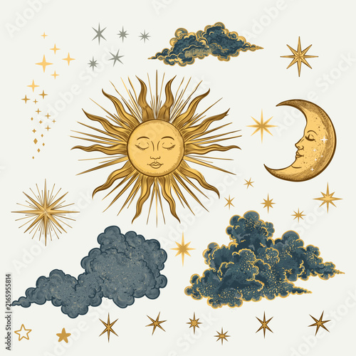 Vintage Celestial Sun Moon Stars and Clouds Hand Drawn Astrology Elements Collection