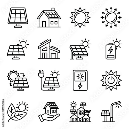 Eco friendly - Comprehensive solar energy icon set featuring solar panels, renewable energy technology, sustainable house concepts, and green power