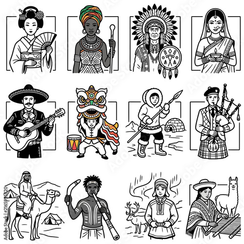 Diverse cultures in traditional costumes and ethnic clothing, representing world heritage and global people in a hand-drawn line art collection.