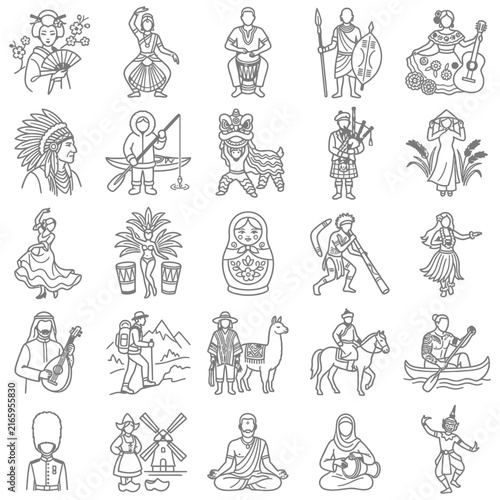 Collection of hand-drawn icons depicting cultural diversity and world traditions featuring ethnic people in folk costumes representing global