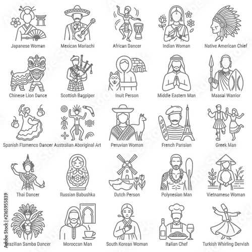 Set of world culture icons featuring traditional costume sketches and ethnic heritage motifs, travel icons highlighting international diversity.