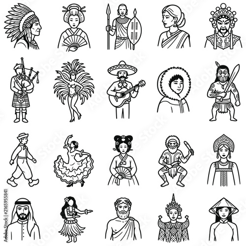A comprehensive set of line art icons showcasing traditional clothing and cultural diversity through various ethnic costumes worn by world people