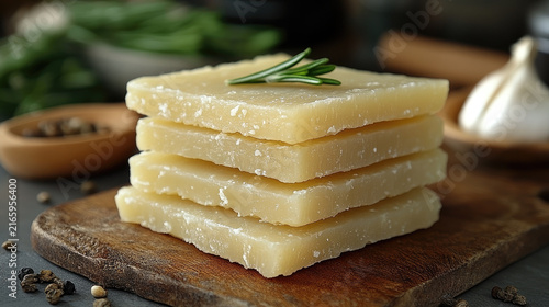 Stack of Hard Cheese Slices with Rosemary Sprig and Garlic, Peppercorns on Wooden Board
