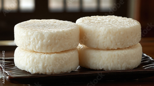 Stack of Round Japanese Mochi Cakes on Dark Plate, Traditional Dessert, Soft Texture, Food Photography