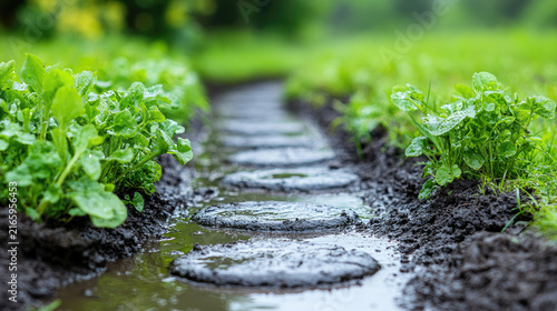 Stepping Stone Path Through Lush Green Garden After Rain, Wet Lush Plants, Organic Farming Concept
