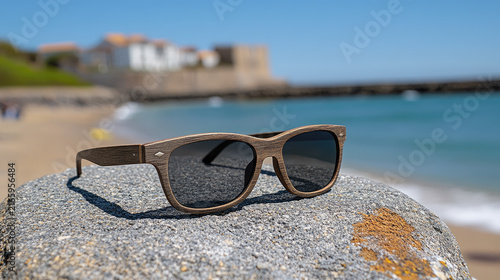 Stylish wooden sunglasses resting on a rock on a sunny beach with the ocean and buildings in the background.