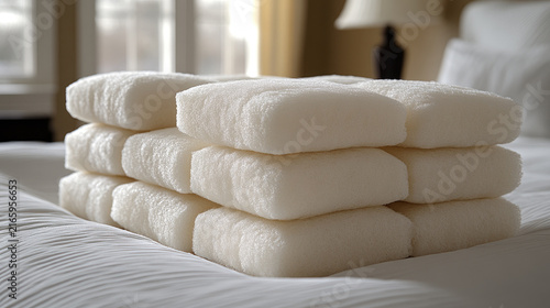 Stack of fluffy white marshmallows on a white bedspread, close-up, soft focus background, cozy atmosphere