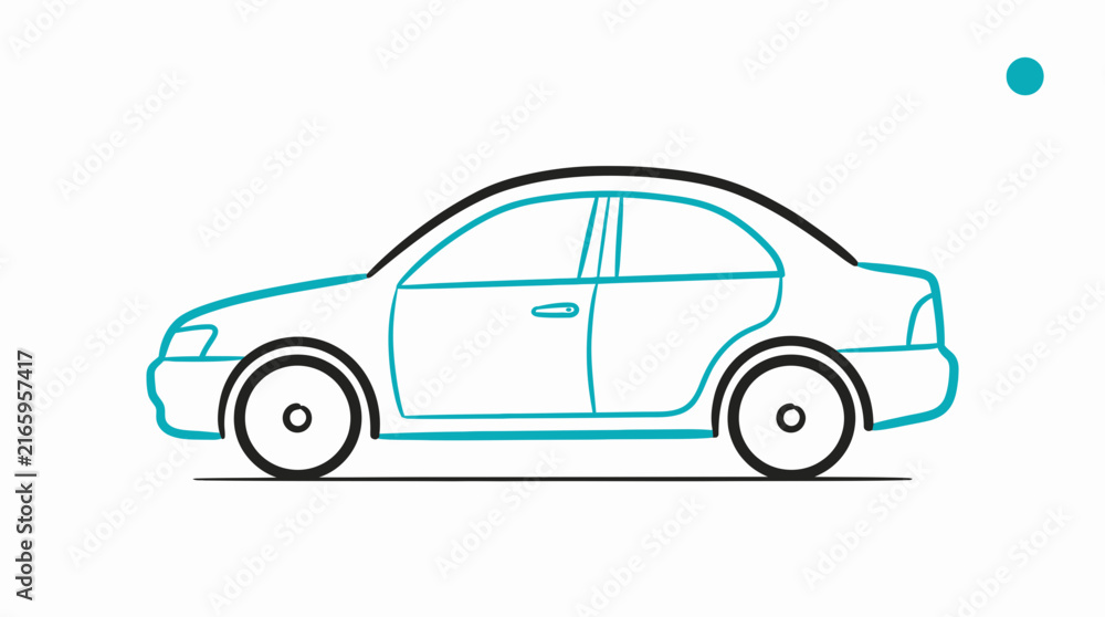 Fototapeta premium Minimalist line art illustration of a generic four-door sedan car, side view. Vector outline graphic of a modern automobile design.
