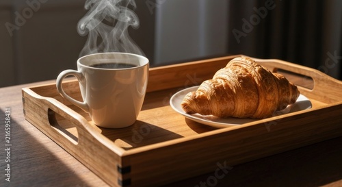 Breakfast tray with steaming coffee and a croissant