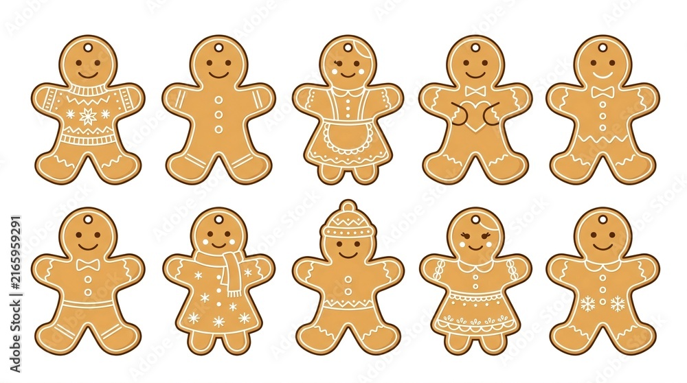 Fototapeta premium Collection of cute gingerbread cookies with various icing designs and holiday decorations for festive greeting cards