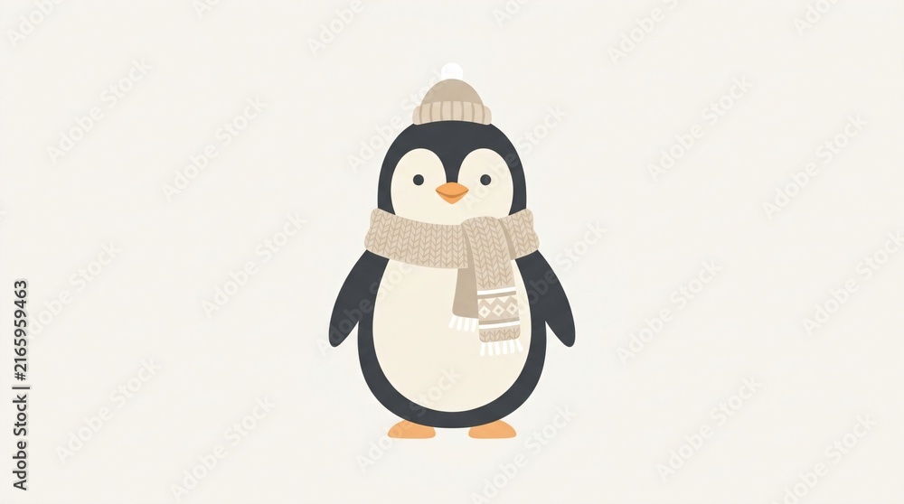 Obraz premium Cute minimalist penguin wearing a cozy winter knit hat and scarf, simple cartoon animal illustration on beige background