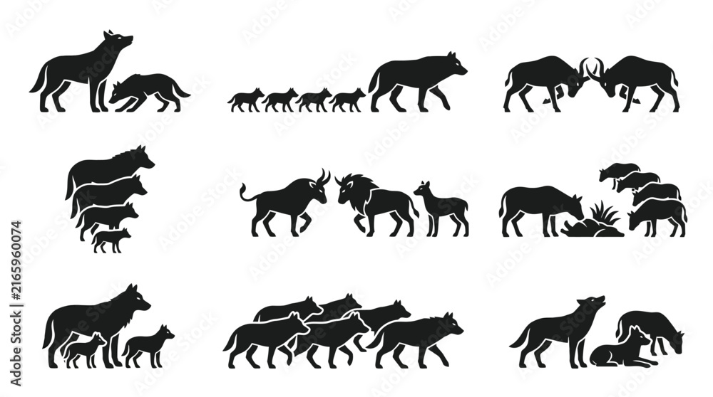 Obraz premium Black silhouette of various wild animals.