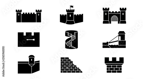 Black silhouette castle wall icons set.