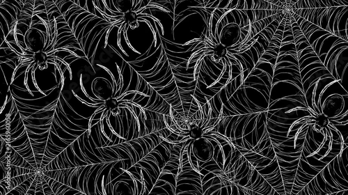Fototapeta na wymiar Allover cobweb print on a dark background with spider silhouettes for dramatic seasonal surface design