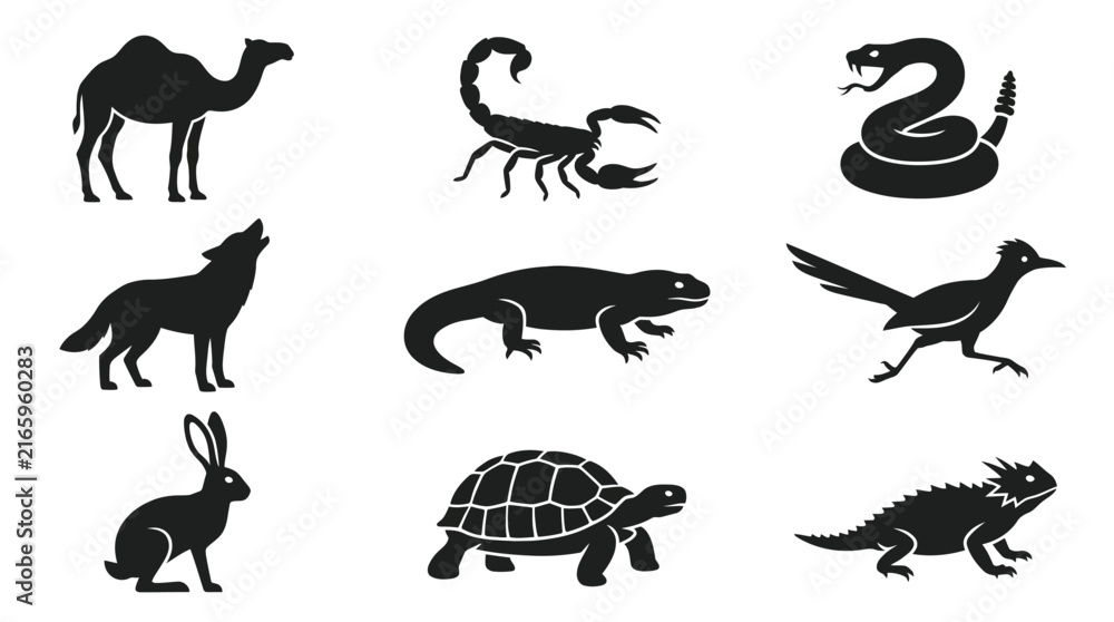 Fototapeta premium Black silhouettes of various wild animals.