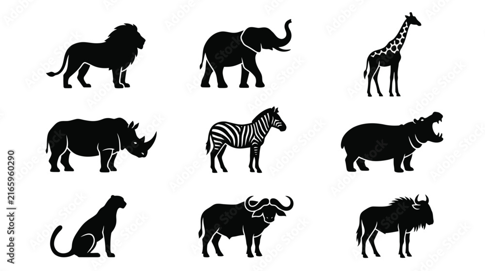 Fototapeta premium Black silhouettes of various wild animals.