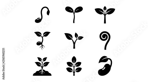 Black silhouettes of various seedling plants.