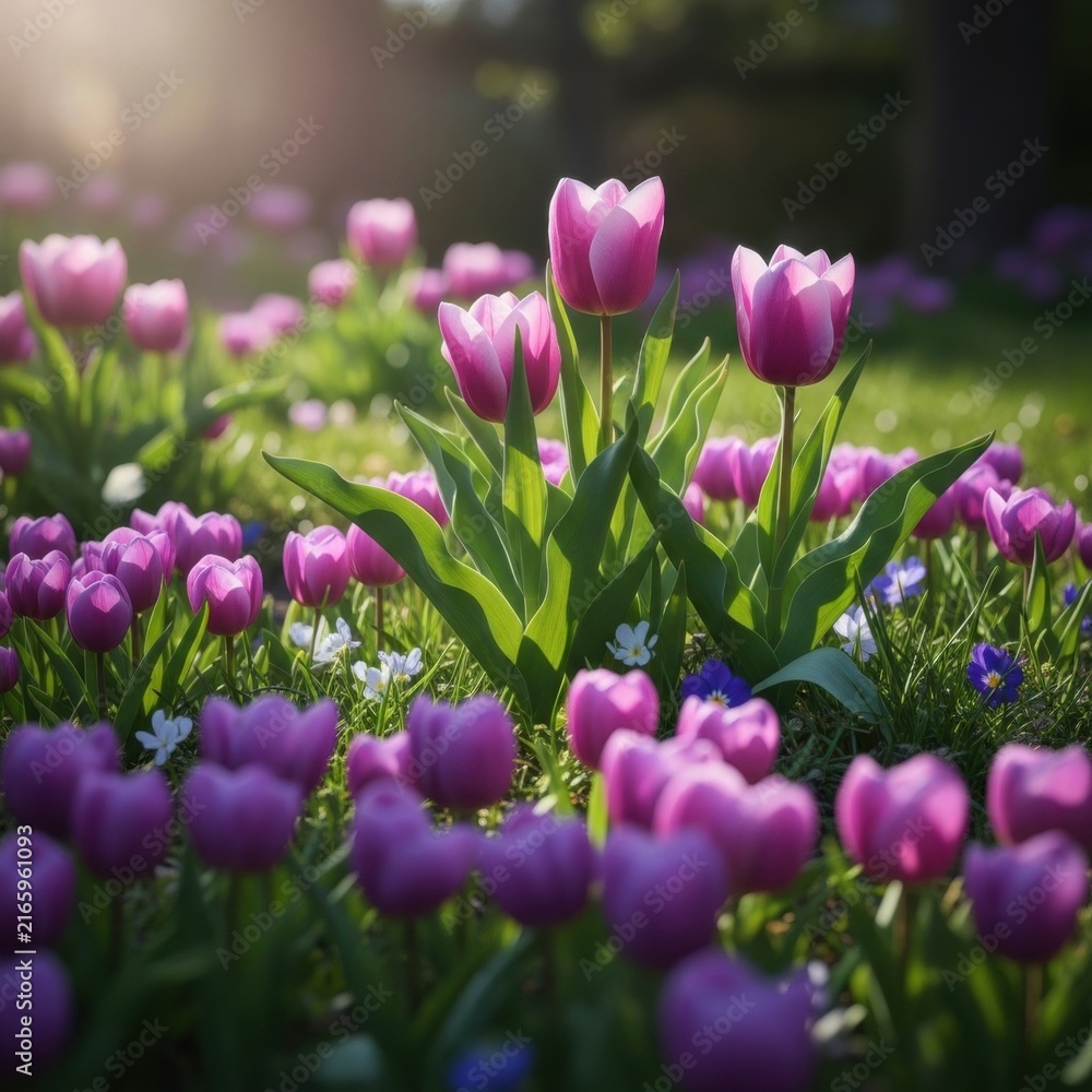 Obraz premium Purple and pink tulips blooming in a sunny spring garden field. Vibrant green grass and small wildflowers under soft backlighting with shallow depth of field and bokeh.