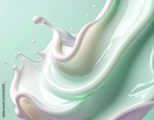 ミントグリーン背景でうねるクリームの波としぶき