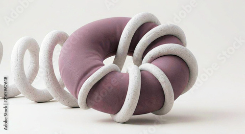 Abstract 3D illustration of a dusty purple plush torus ring wrapped by a off-white textured spiral coil sculpture isolated on a plain light background.