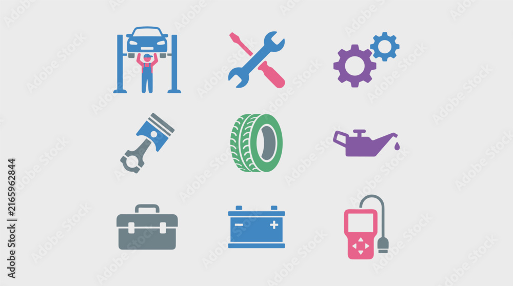 Fototapeta premium Flat design icon set for auto repair service, including car lift, tools, engine parts, and diagnostic equipment.