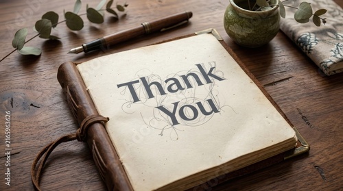 Expressing gratitude with a heartfelt thank you message displayed on vintage paper inside a rustic leather journal resting on a wooden desk surrounded by fountain pen and botanical decor elements