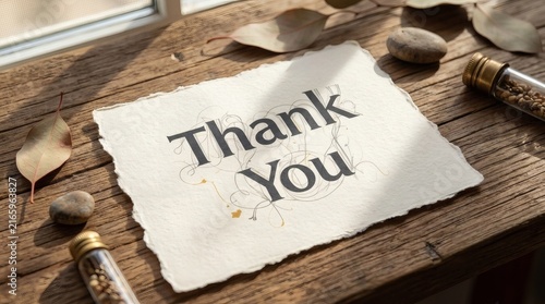 An elegant thank you message printed on textured handmade paper, decorated with dried leaves and small glass bottles on a rustic wooden table surface illuminated by soft morning sunlight