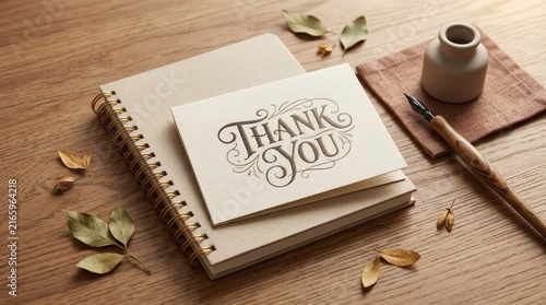 Express sincere appreciation with a heartfelt thank you message written on an elegant card resting beside a spiral notebook, ink pen, and dried leaves on a warm wooden table